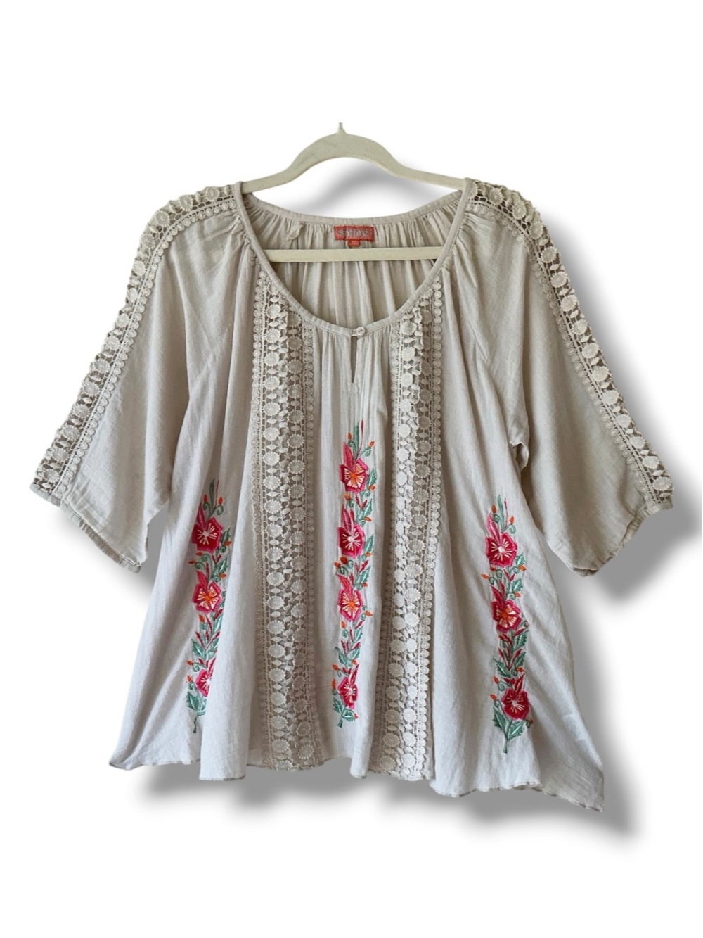 Saffire Gauzy Embroidered Crocheted Boho Cotton Top Size XS
